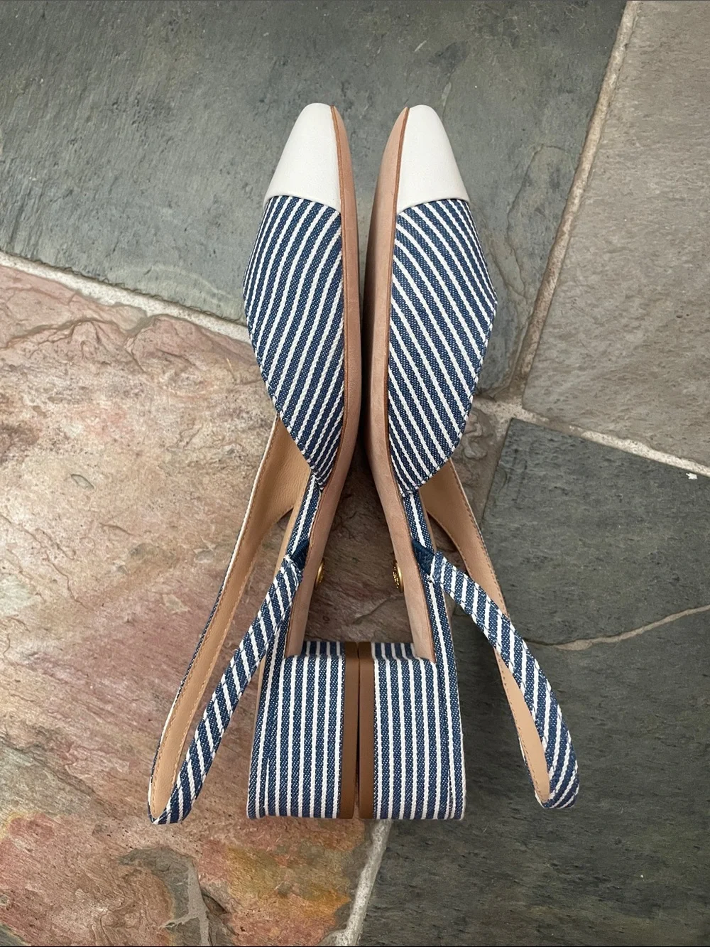 New Veronica Beard Cecile Slingback Pumps Blue White Stripe Low Heel Sz 8